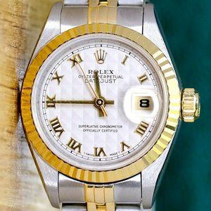 ROLEX DATEJUST CREAM PYRAMID ROMAN DIAL 18KY FLUTED JUBILEE TWO-TONE WATCH 69173